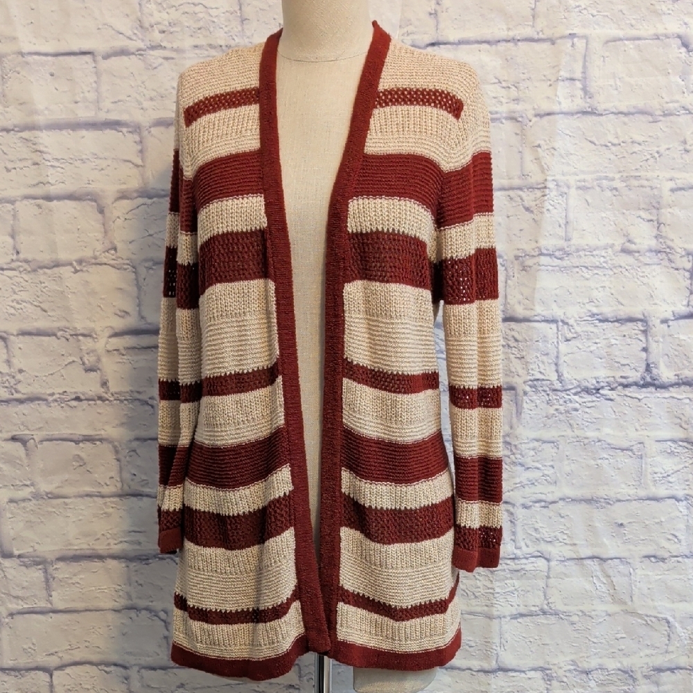Christopher & Banks Brick-Red & Khaki Striped Cardigan